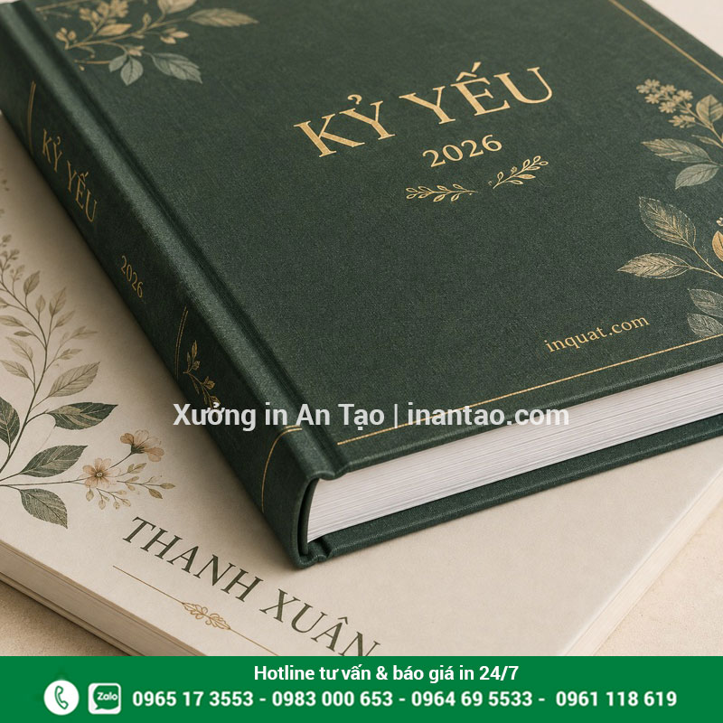Chi tiết làm bìa kỷ yếu và hoàn thiện gáy Chi tiết bìa kỷ yếu xanh lá ép kim và mép giấy đóng cuốn