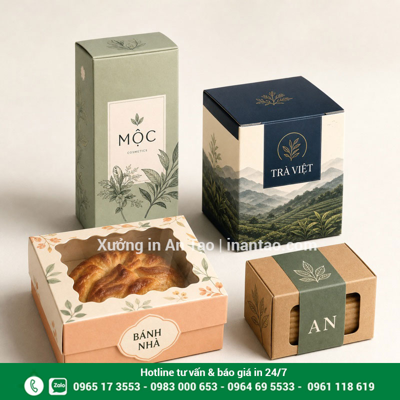 Mẫu hộp giấy đẹp theo từng ngành hàng Mẫu in hộp giấy theo yêu cầu cho mỹ phẩm, trà, bánh và xà phòng