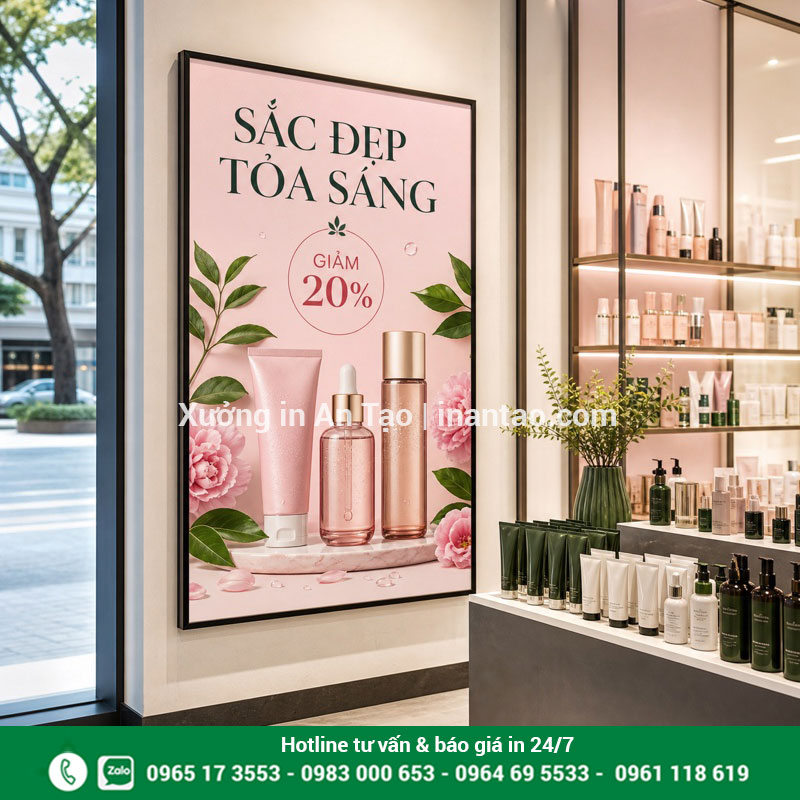 Poster quảng cáo hoàn thiện trong không gian cửa hàng Mẫu in poster quảng cáo đặt trong cửa hàng bán lẻ