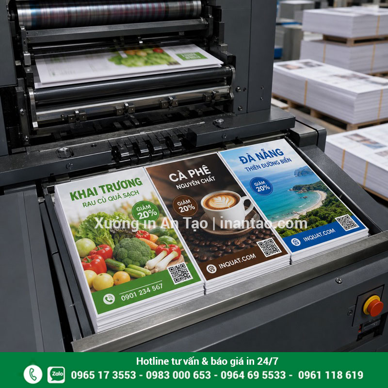 Quy trình in tờ rơi màu bằng máy công nghiệp Máy in đang sản xuất tờ rơi màu hoàn chỉnh tại xưởng