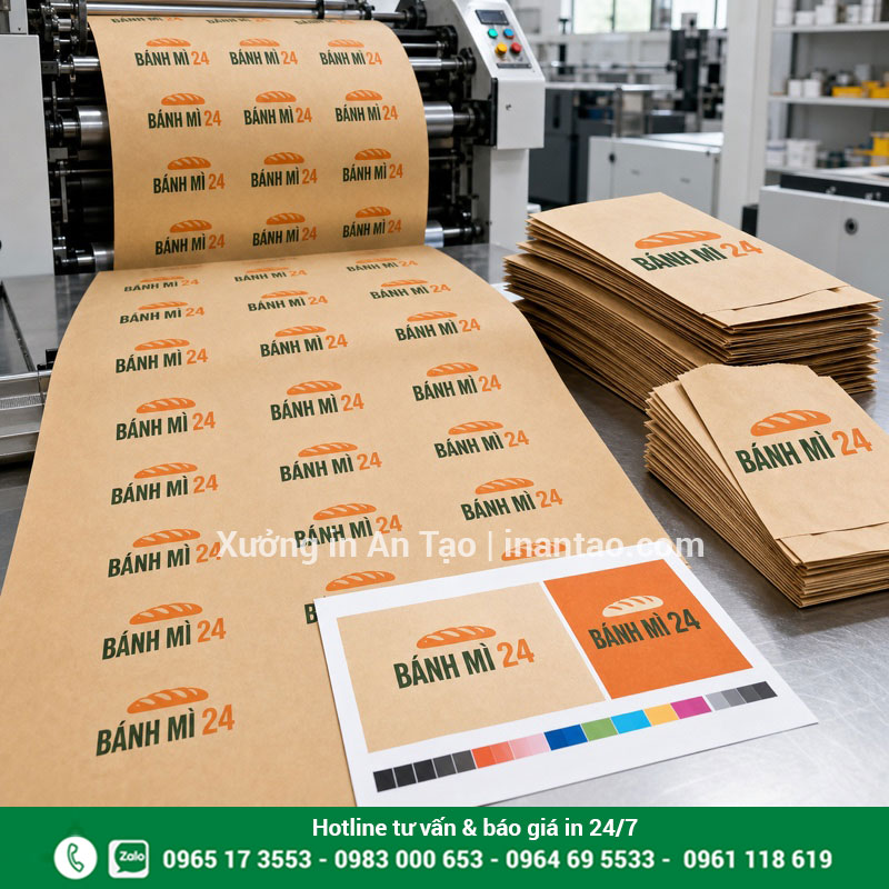 Quy trình in túi bánh mì tại xưởng inquat.com Quy trình in túi bánh mì trên giấy Kraft và xếp thành phẩm tại xưởng