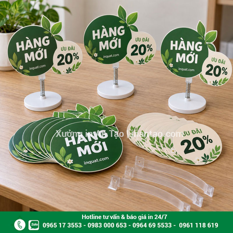 Thành phẩm wobbler và mặt in bế hình Bộ wobbler màu xanh in hàng mới với mặt bế hình và chân lò xo