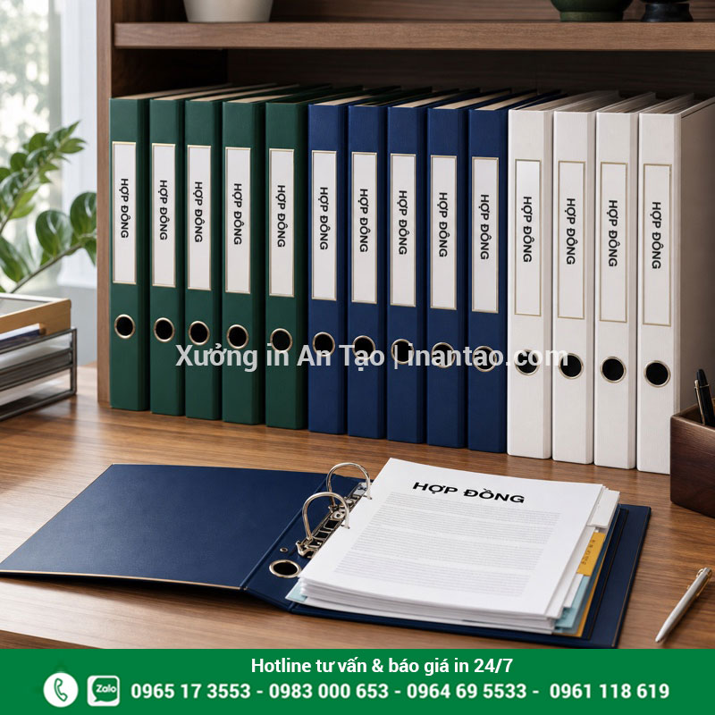 Ứng dụng bìa còng trong lưu trữ hồ sơ doanh nghiệp Bộ bìa còng lưu hợp đồng và hồ sơ được sắp xếp trên kệ văn phòng