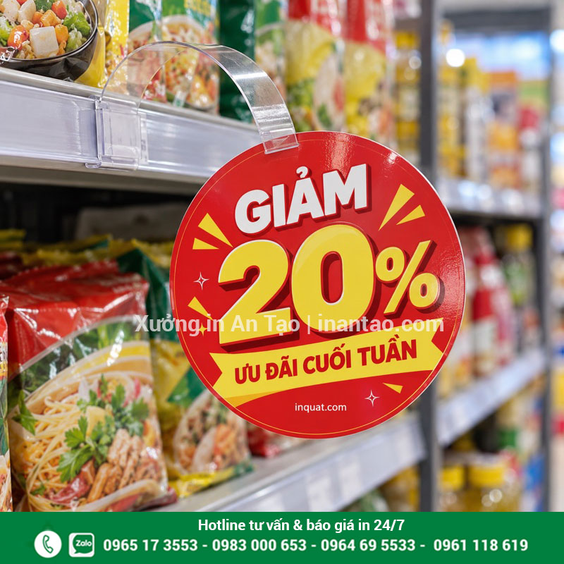 Wobbler siêu thị gắn mép kệ Wobbler siêu thị hình tròn giảm 20 phần trăm gắn bằng thanh nhựa trong