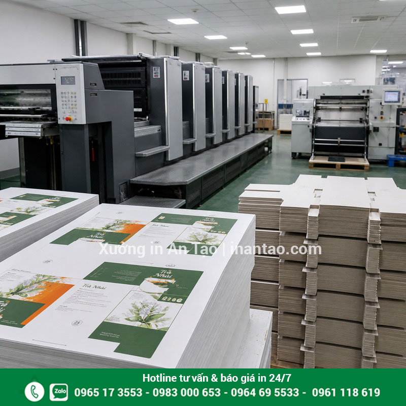 Quy trình tại xưởng in hộp giấy inquat.com Xưởng in hộp giấy offset với tờ in và phôi bế thành phẩm