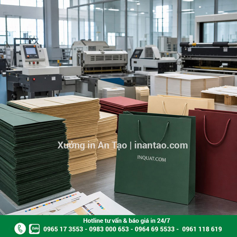 Xưởng in túi giấy inquat.com tại TPHCM Xưởng in túi giấy với thành phẩm và tờ in đang gia công